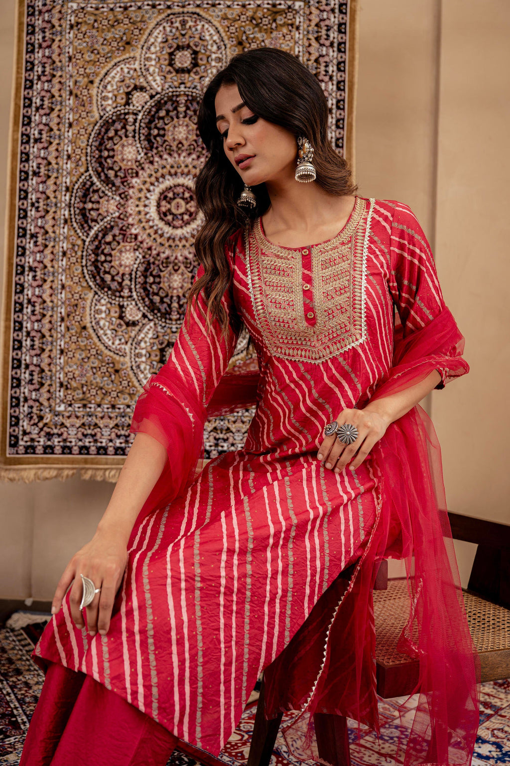 Juniper Maroon Bandhej Print Kurta Set with Embroidered Yoke and Net Dupatta - Distacart