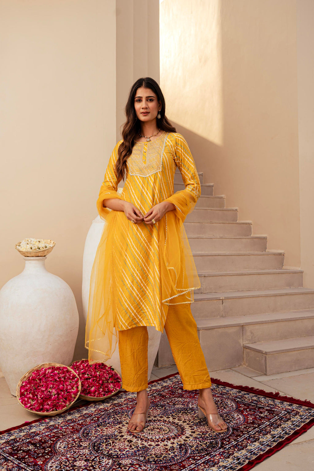 Juniper Yellow Bandhej Print Kurta Set with Embroidered Yoke and Net Dupatta - Distacart