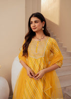 Juniper Yellow Bandhej Print Kurta Set with Embroidered Yoke and Net Dupatta - Distacart