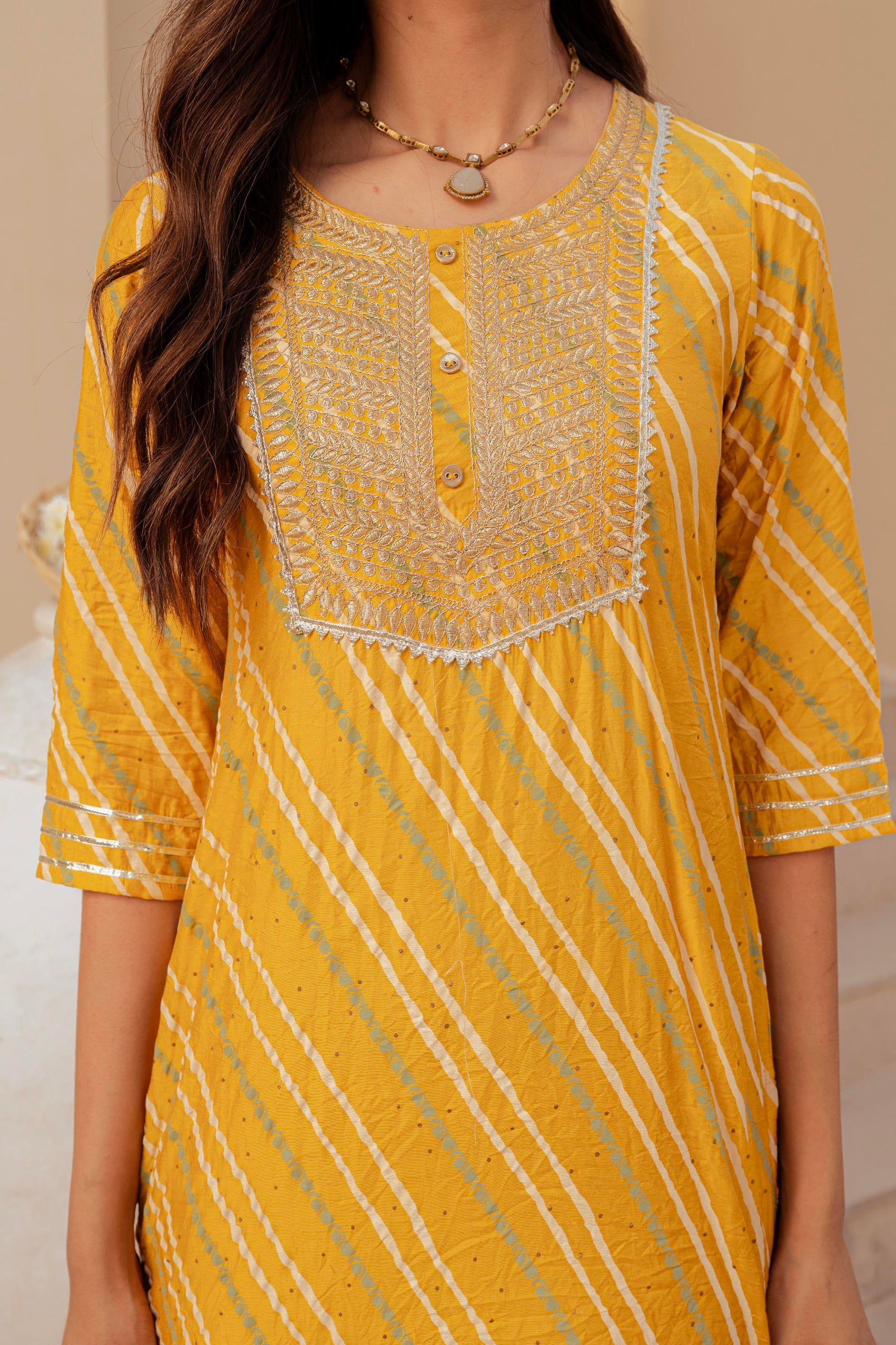 Juniper Yellow Bandhej Print Kurta Set with Embroidered Yoke and Net Dupatta - Distacart