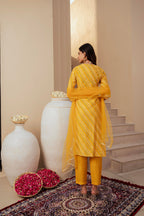 Juniper Yellow Bandhej Print Kurta Set with Embroidered Yoke and Net Dupatta - Distacart