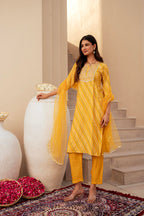 Juniper Yellow Bandhej Print Kurta Set with Embroidered Yoke and Net Dupatta - Distacart