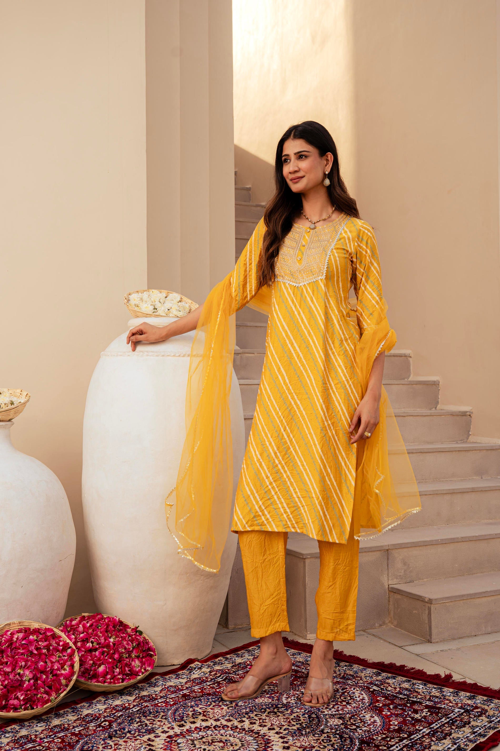 Juniper Yellow Bandhej Print Kurta Set with Embroidered Yoke and Net Dupatta - Distacart