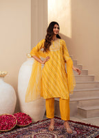 Juniper Yellow Bandhej Print Kurta Set with Embroidered Yoke and Net Dupatta - Distacart