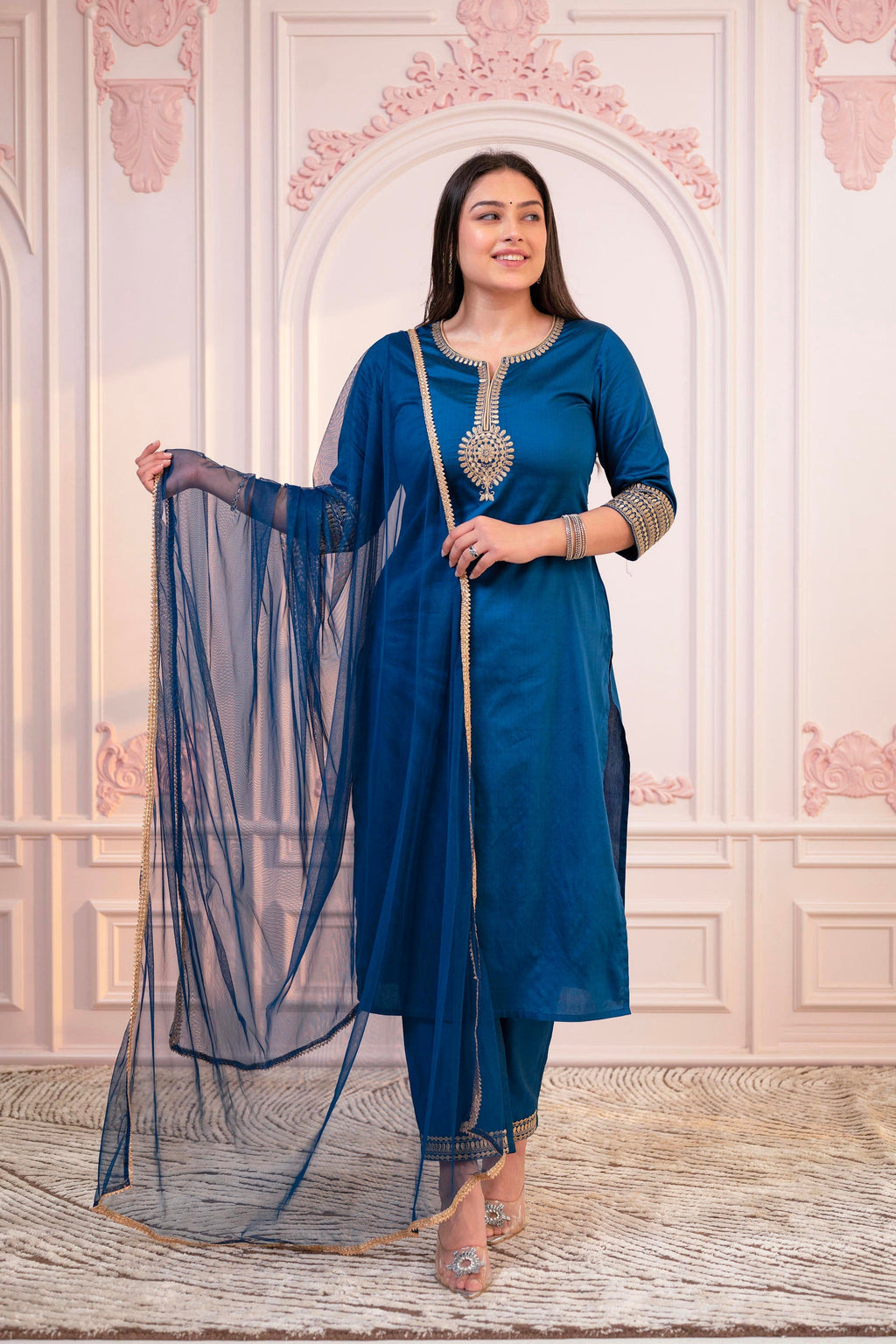 Juniper Royal Blue Embellished Kurta Set with Net Dupatta and Mirror Embroidery - Distacart