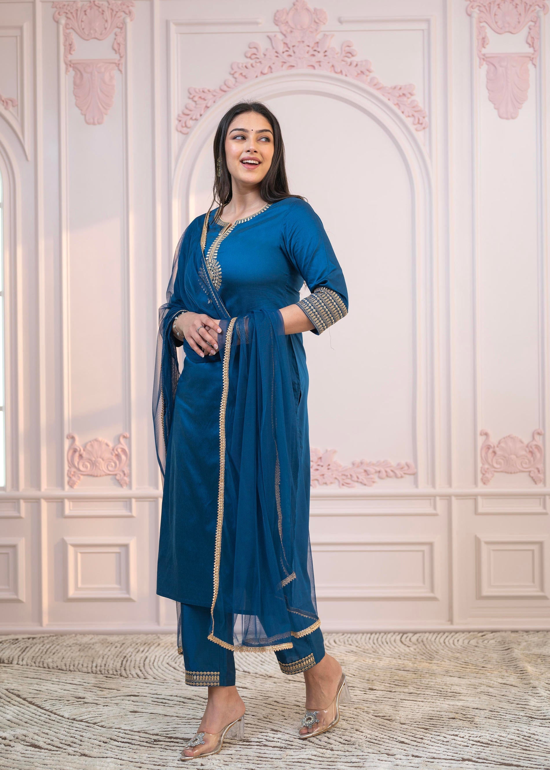 Juniper Royal Blue Embellished Kurta Set with Net Dupatta and Mirror Embroidery - Distacart