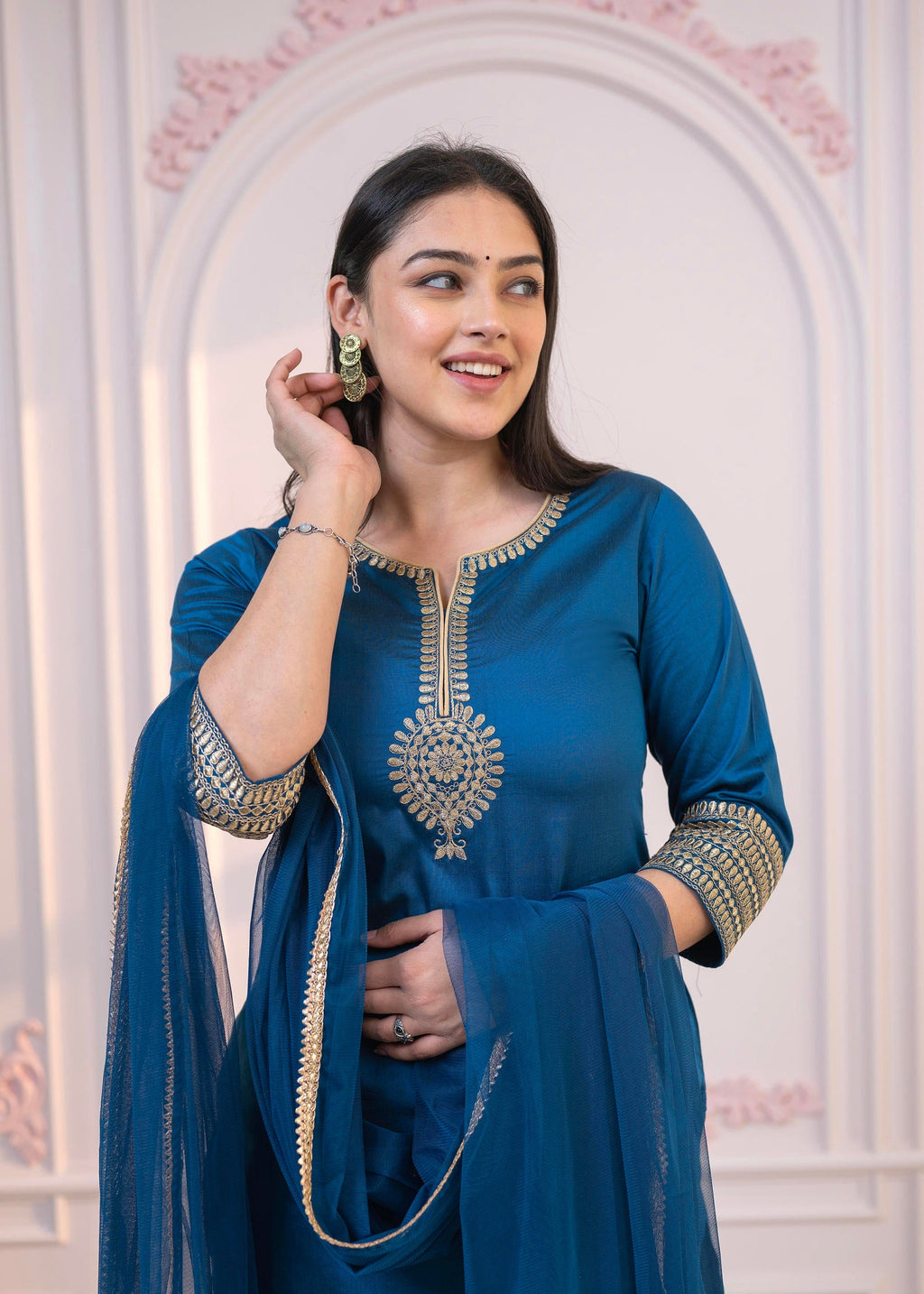 Juniper Royal Blue Embellished Kurta Set with Net Dupatta and Mirror Embroidery - Distacart