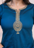 Juniper Royal Blue Embellished Kurta Set with Net Dupatta and Mirror Embroidery - Distacart