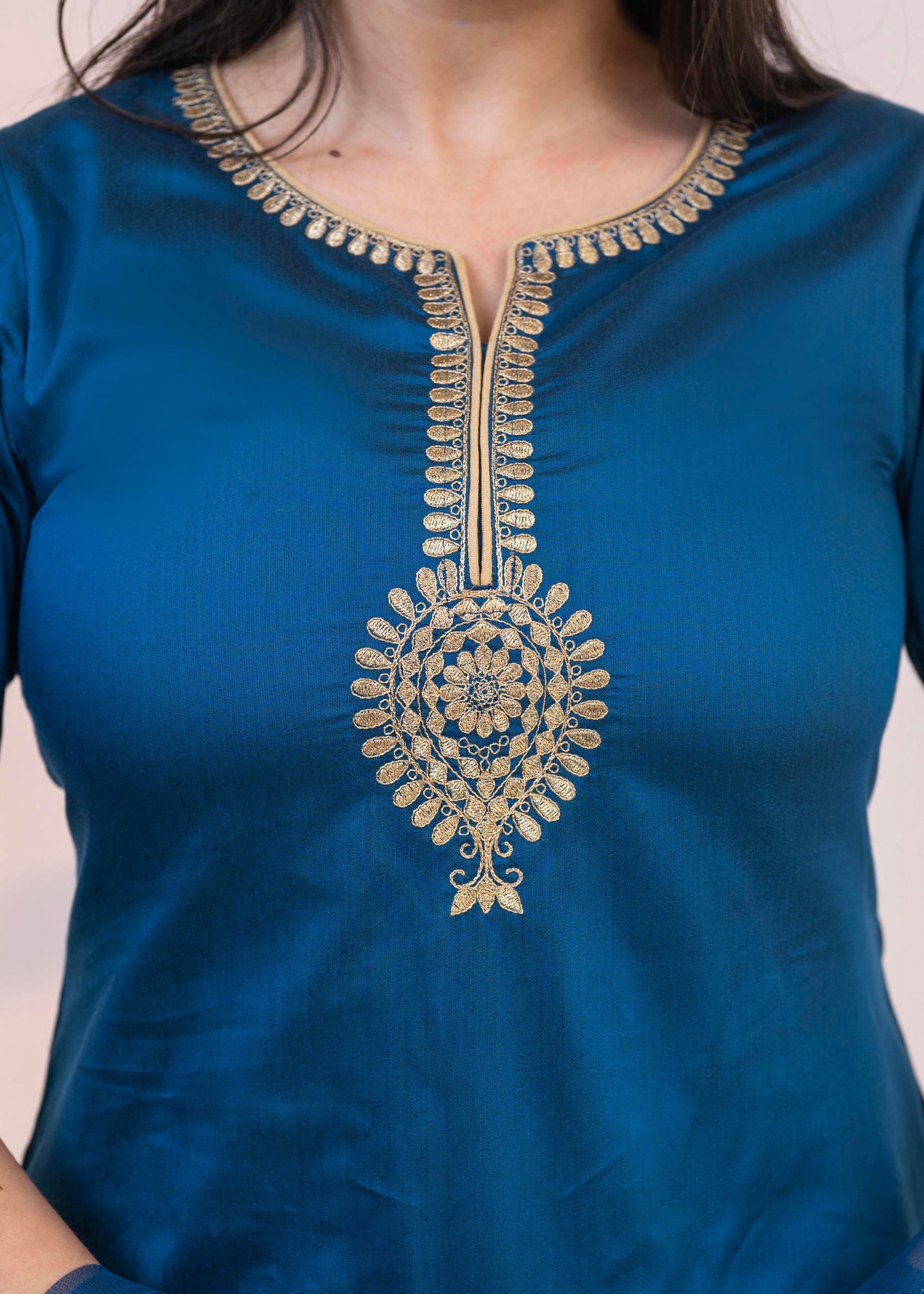 Juniper Royal Blue Embellished Kurta Set with Net Dupatta and Mirror Embroidery - Distacart