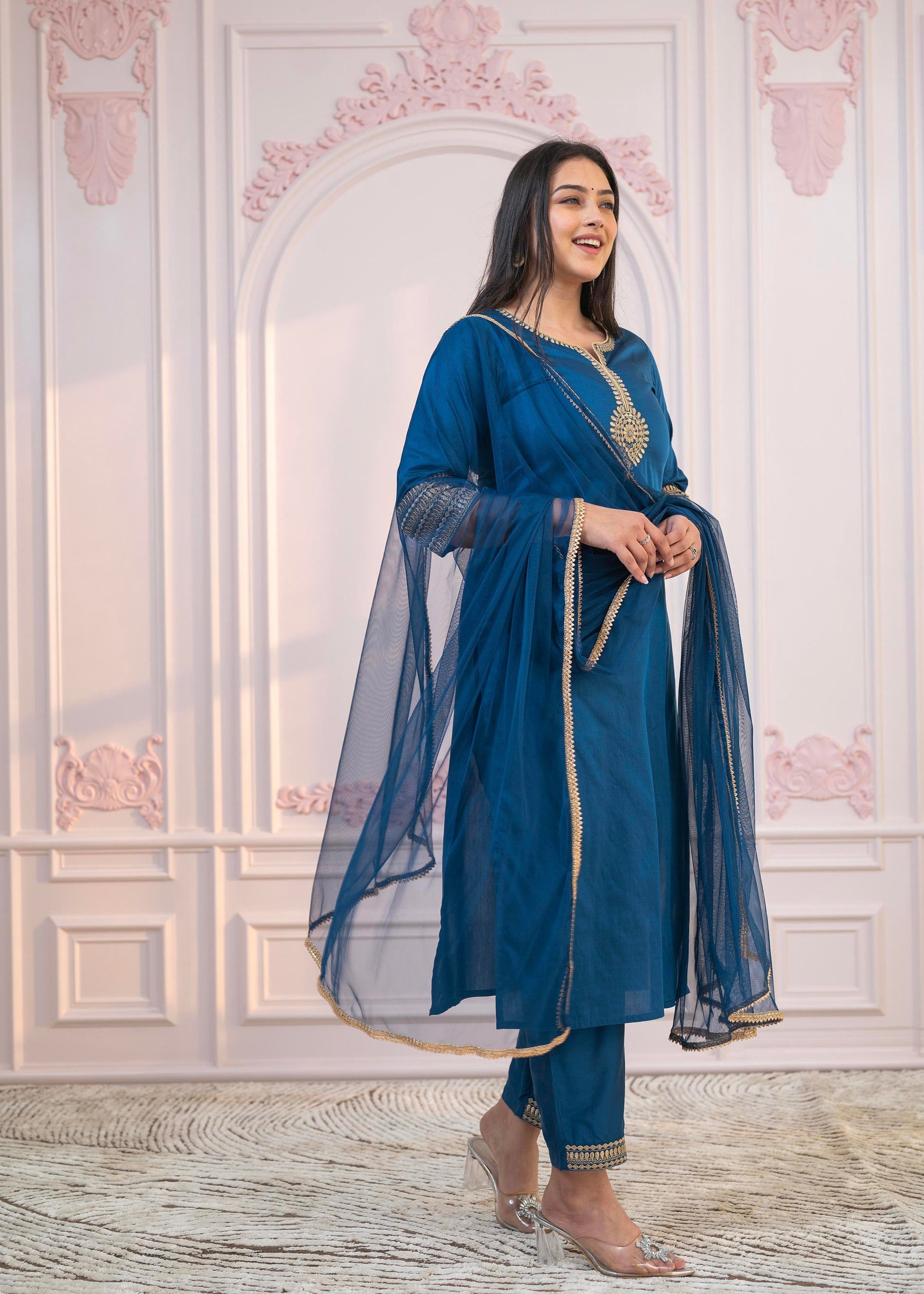 Juniper Royal Blue Embellished Kurta Set with Net Dupatta and Mirror Embroidery - Distacart