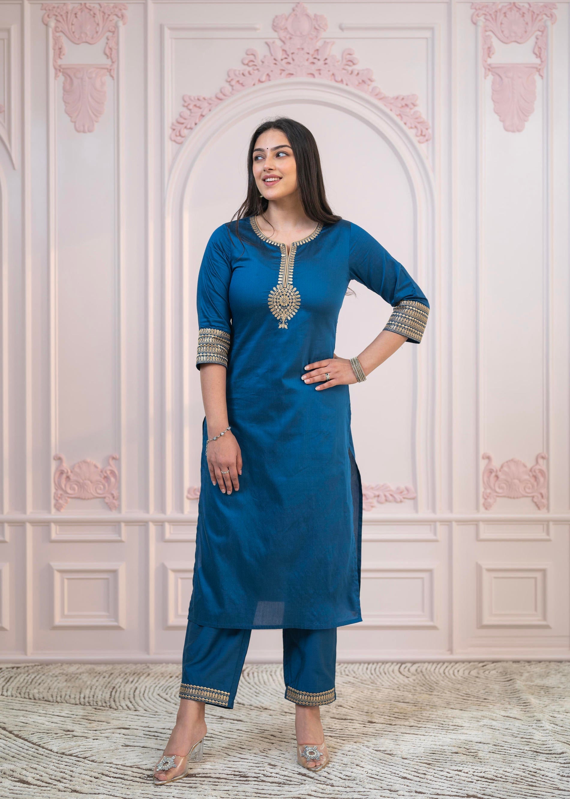 Juniper Royal Blue Embellished Kurta Set with Net Dupatta and Mirror Embroidery - Distacart