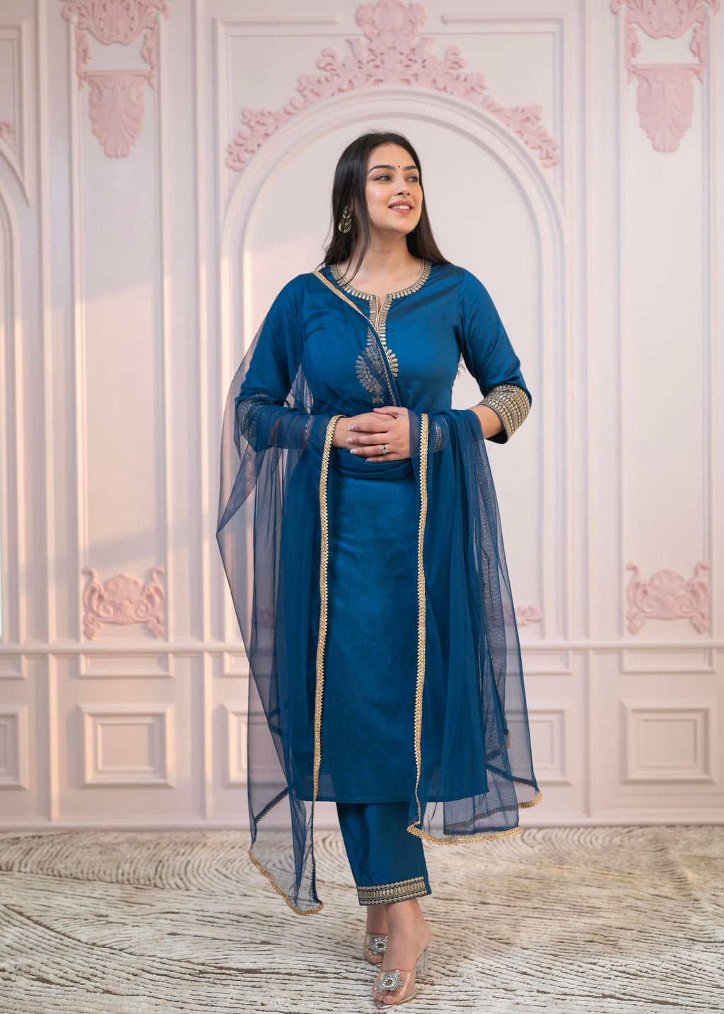 Juniper Royal Blue Embellished Kurta Set with Net Dupatta and Mirror Embroidery - Distacart