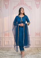 Juniper Royal Blue Embellished Kurta Set with Net Dupatta and Mirror Embroidery - Distacart