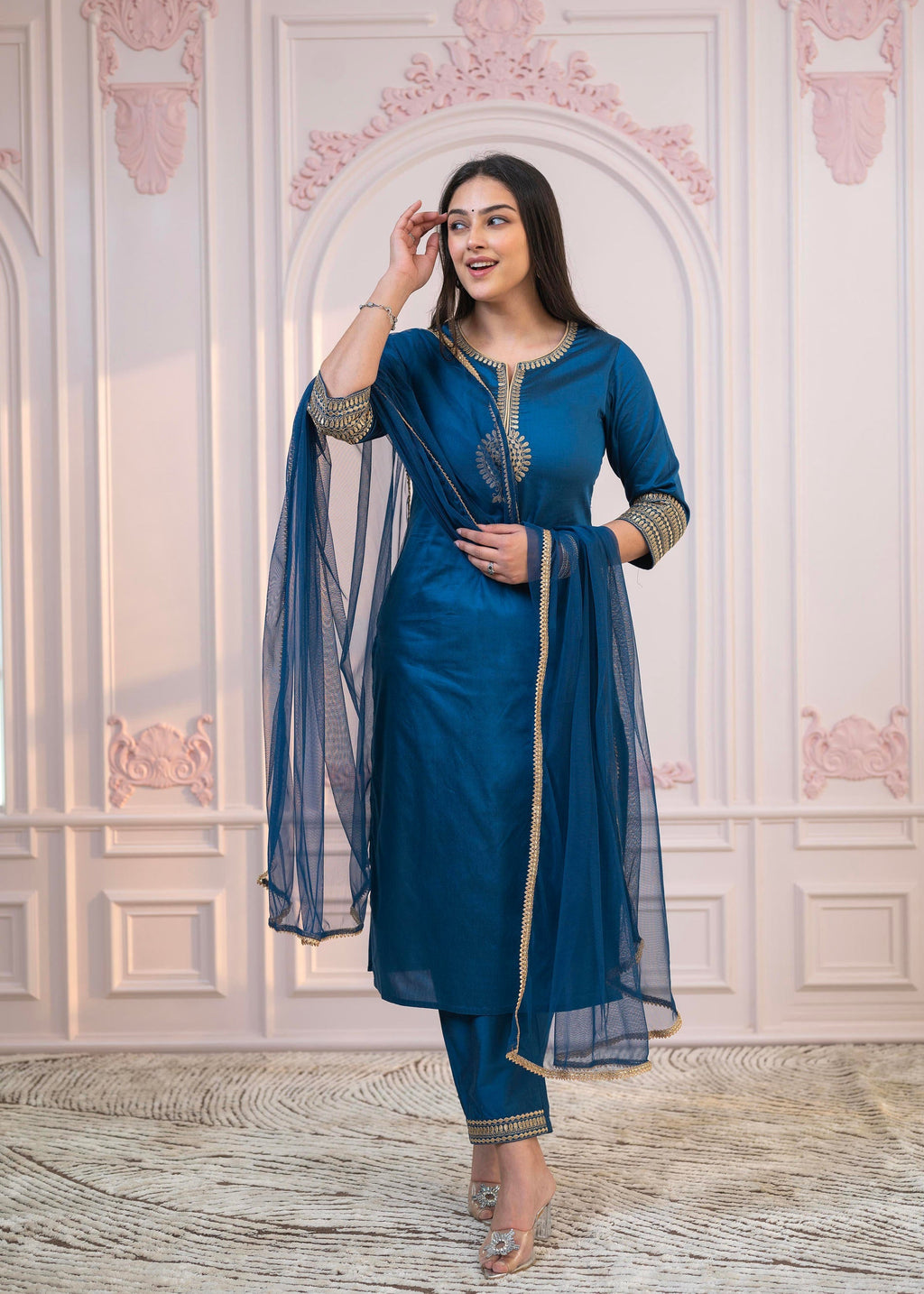 Juniper Royal Blue Embellished Kurta Set with Net Dupatta and Mirror Embroidery - Distacart
