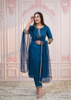 Juniper Royal Blue Embellished Kurta Set with Net Dupatta and Mirror Embroidery - Distacart
