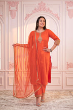 Juniper Orange Embellished Kurta Set with Net Dupatta and Mirror Embroidery - Distacart
