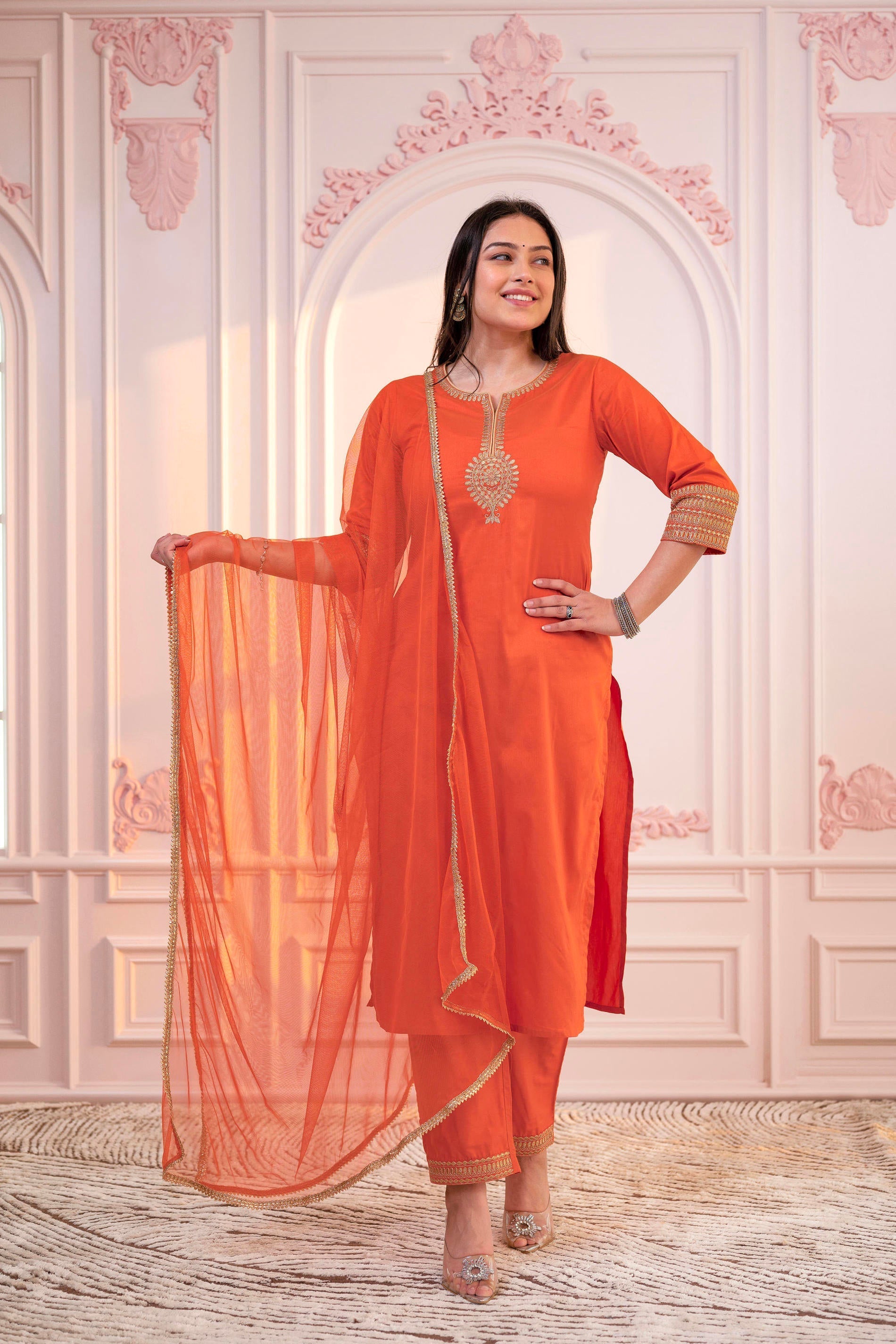 Juniper Orange Embellished Kurta Set with Net Dupatta and Mirror Embroidery - Distacart