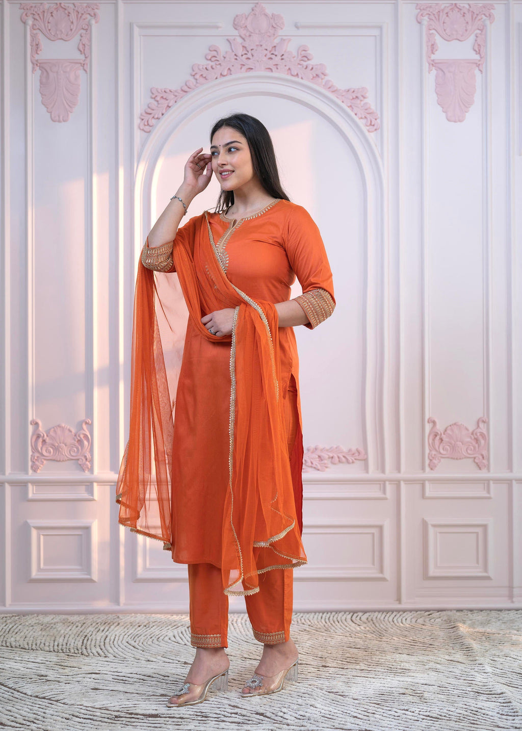 Juniper Orange Embellished Kurta Set with Net Dupatta and Mirror Embroidery - Distacart