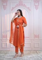Juniper Orange Embellished Kurta Set with Net Dupatta and Mirror Embroidery - Distacart