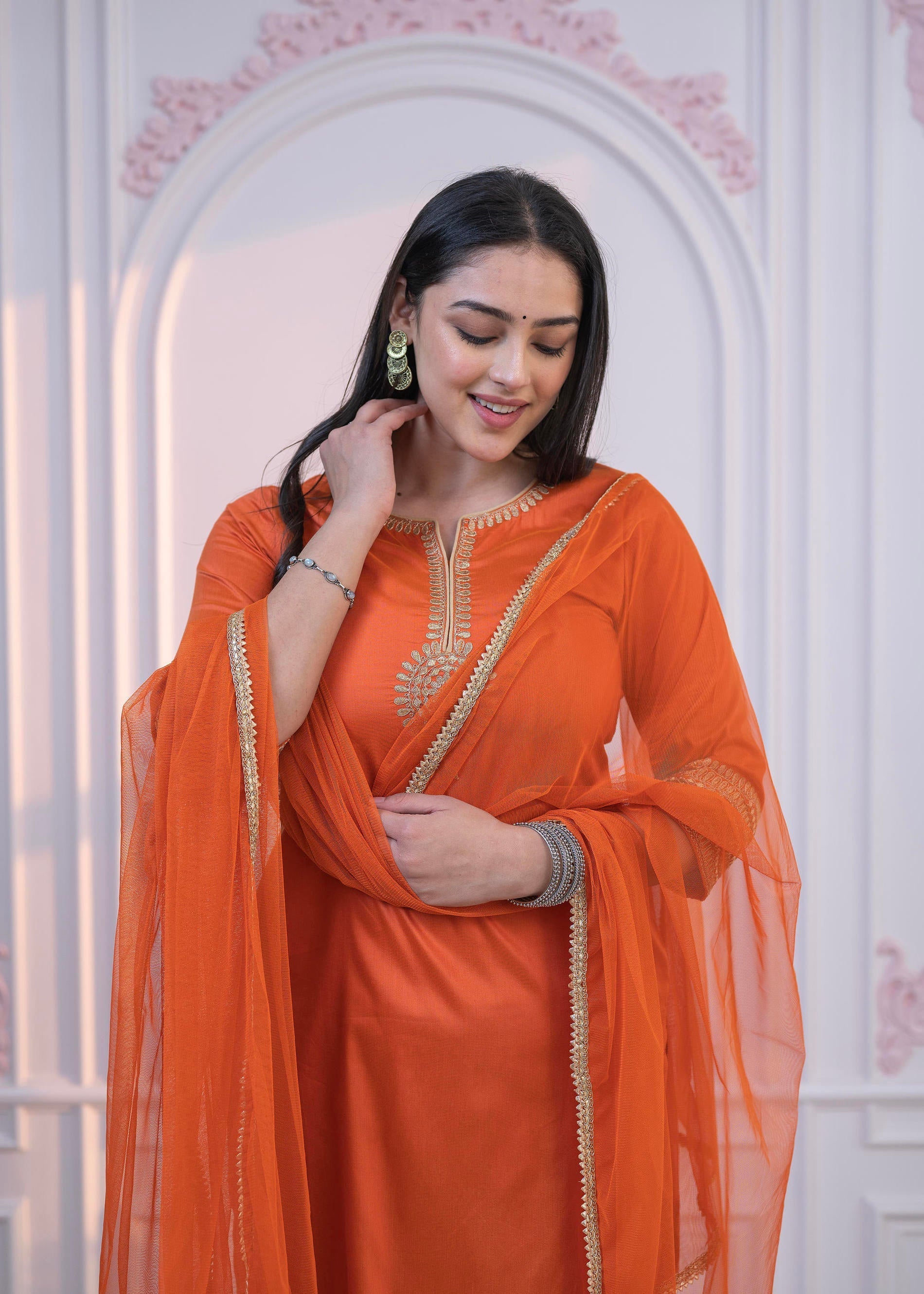 Juniper Orange Embellished Kurta Set with Net Dupatta and Mirror Embroidery - Distacart