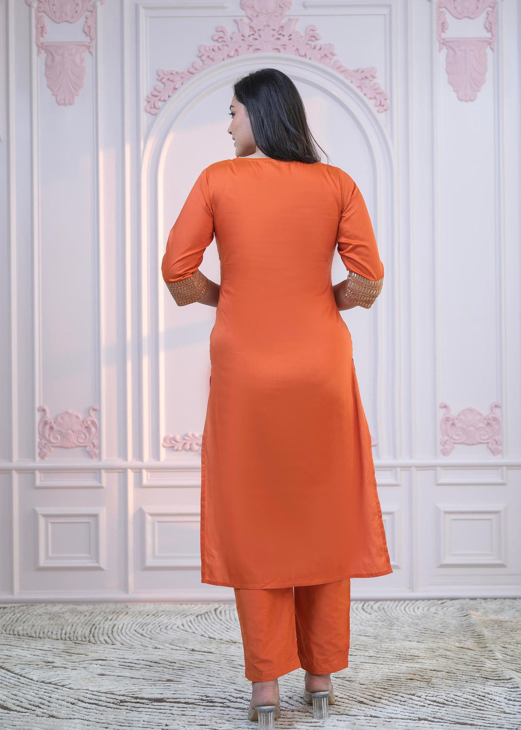 Juniper Orange Embellished Kurta Set with Net Dupatta and Mirror Embroidery - Distacart