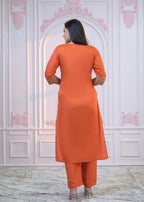 Juniper Orange Embellished Kurta Set with Net Dupatta and Mirror Embroidery - Distacart