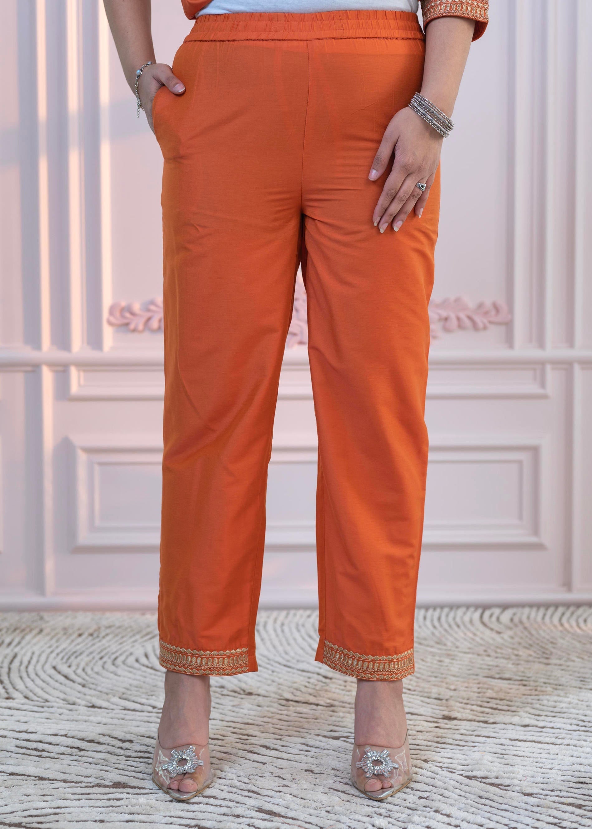 Juniper Orange Embellished Kurta Set with Net Dupatta and Mirror Embroidery - Distacart