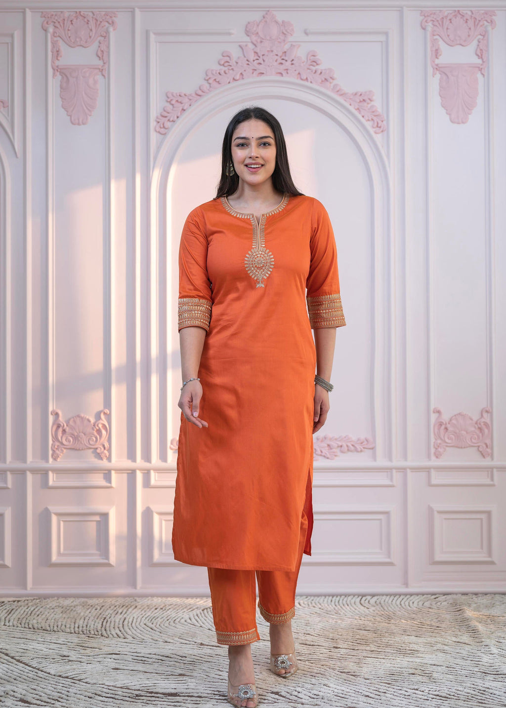 Juniper Orange Embellished Kurta Set with Net Dupatta and Mirror Embroidery - Distacart