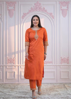 Juniper Orange Embellished Kurta Set with Net Dupatta and Mirror Embroidery - Distacart