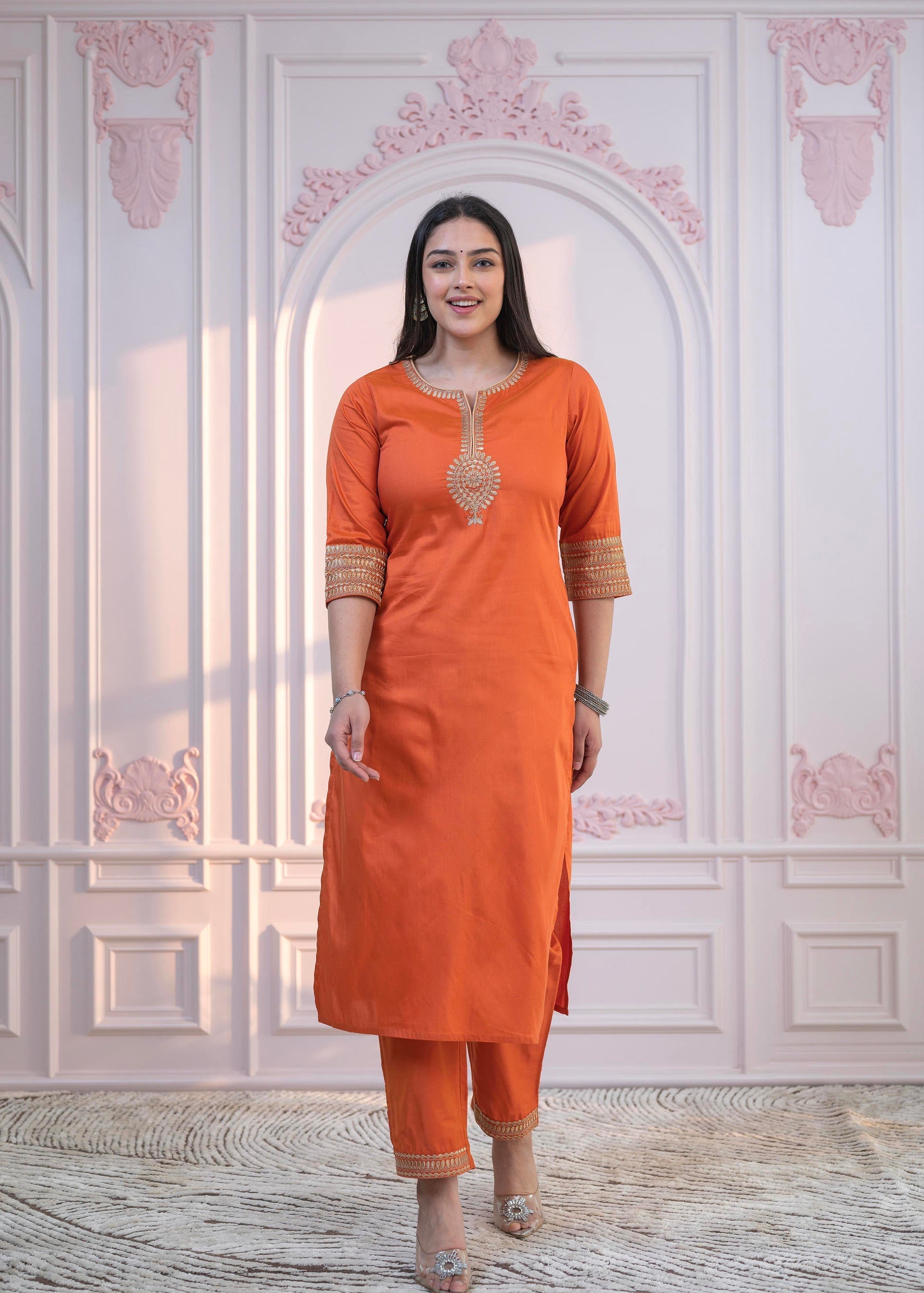 Juniper Orange Embellished Kurta Set with Net Dupatta and Mirror Embroidery - Distacart