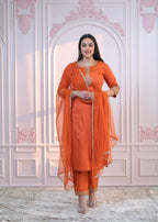 Juniper Orange Embellished Kurta Set with Net Dupatta and Mirror Embroidery - Distacart