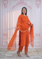 Juniper Orange Embellished Kurta Set with Net Dupatta and Mirror Embroidery - Distacart
