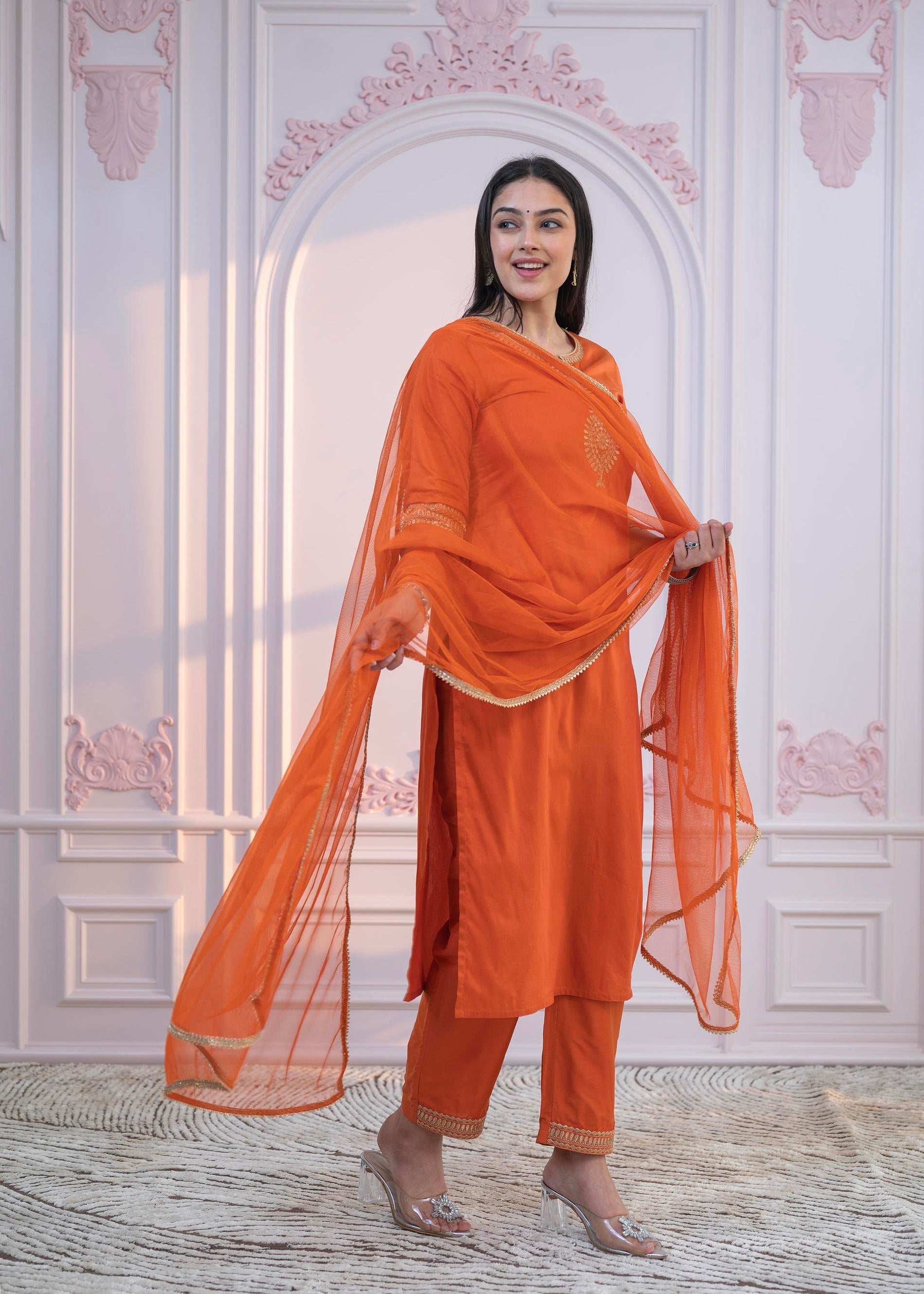 Juniper Orange Embellished Kurta Set with Net Dupatta and Mirror Embroidery - Distacart