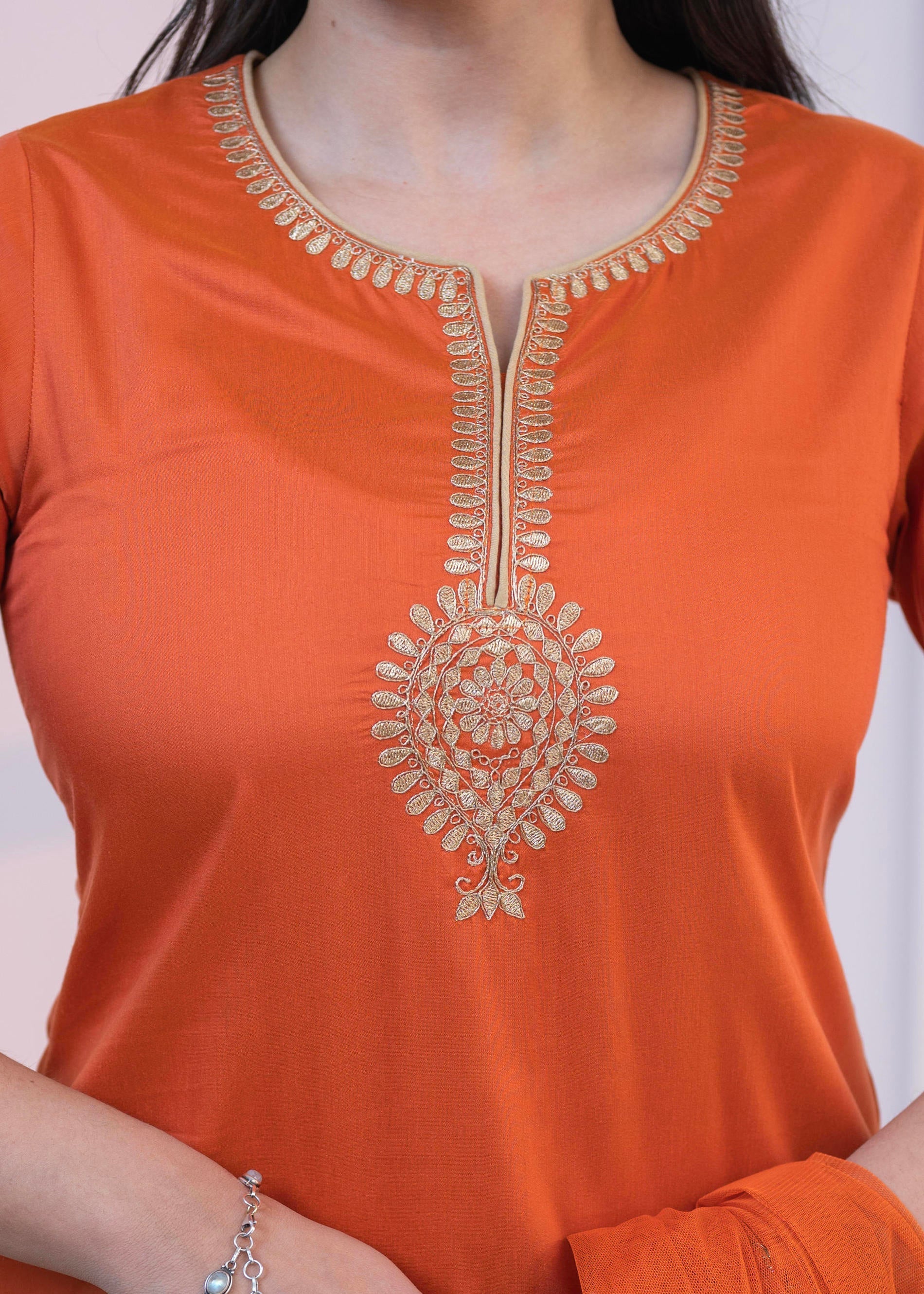 Juniper Orange Embellished Kurta Set with Net Dupatta and Mirror Embroidery - Distacart