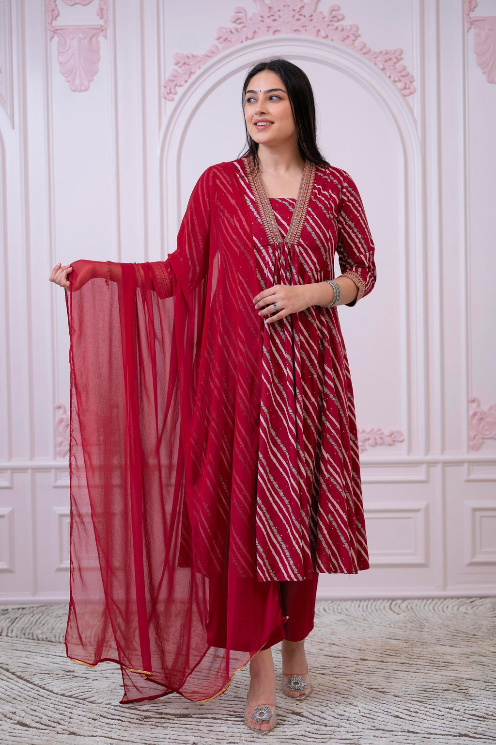 Juniper Maroon Angrakha-Style Kurta Set with Gota Work and Dupatta - Distacart
