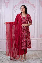 Juniper Maroon Angrakha-Style Kurta Set with Gota Work and Dupatta - Distacart