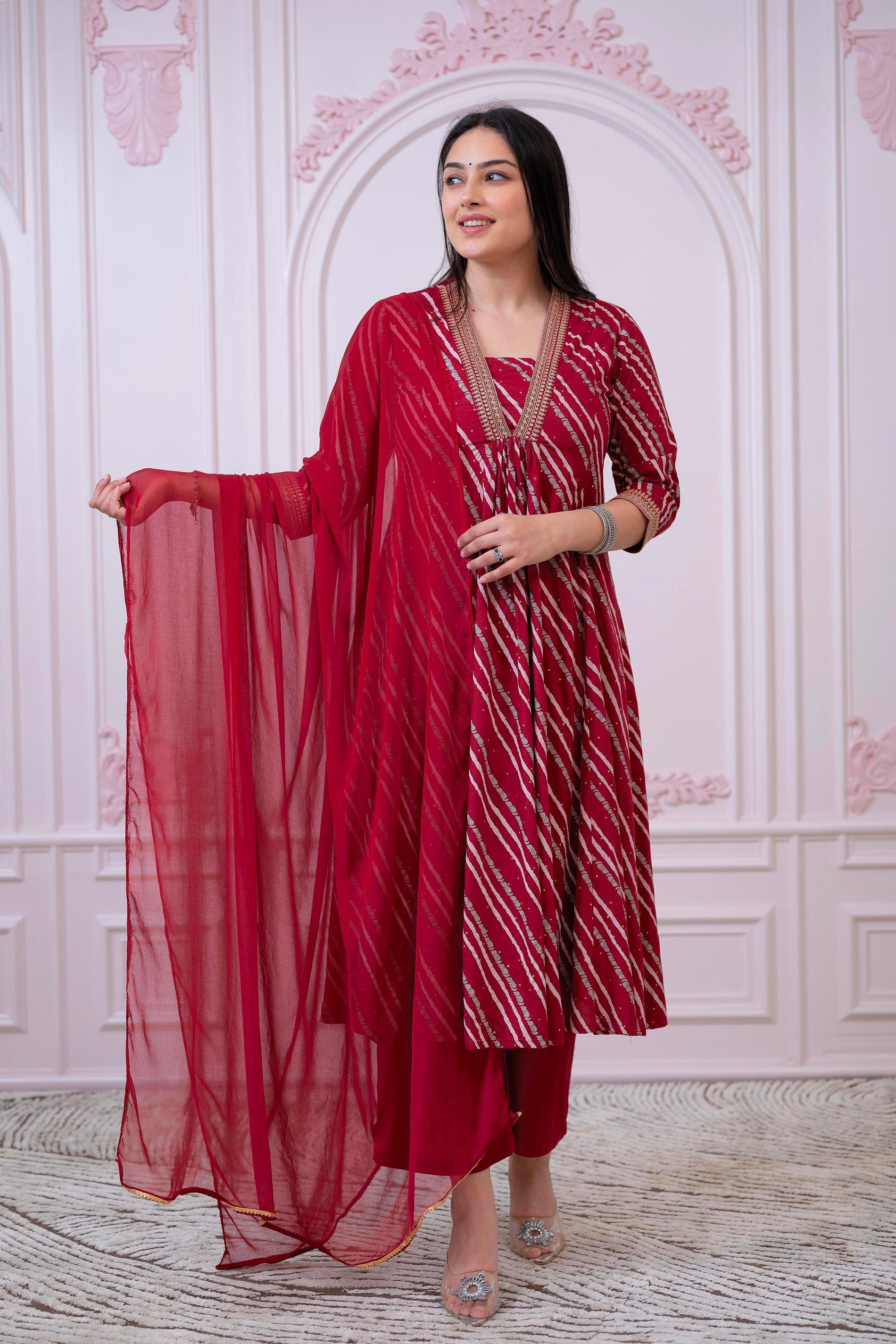 Juniper Maroon Angrakha-Style Kurta Set with Gota Work and Dupatta - Distacart