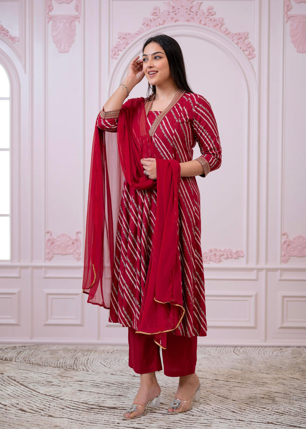 Juniper Maroon Angrakha-Style Kurta Set with Gota Work and Dupatta - Distacart
