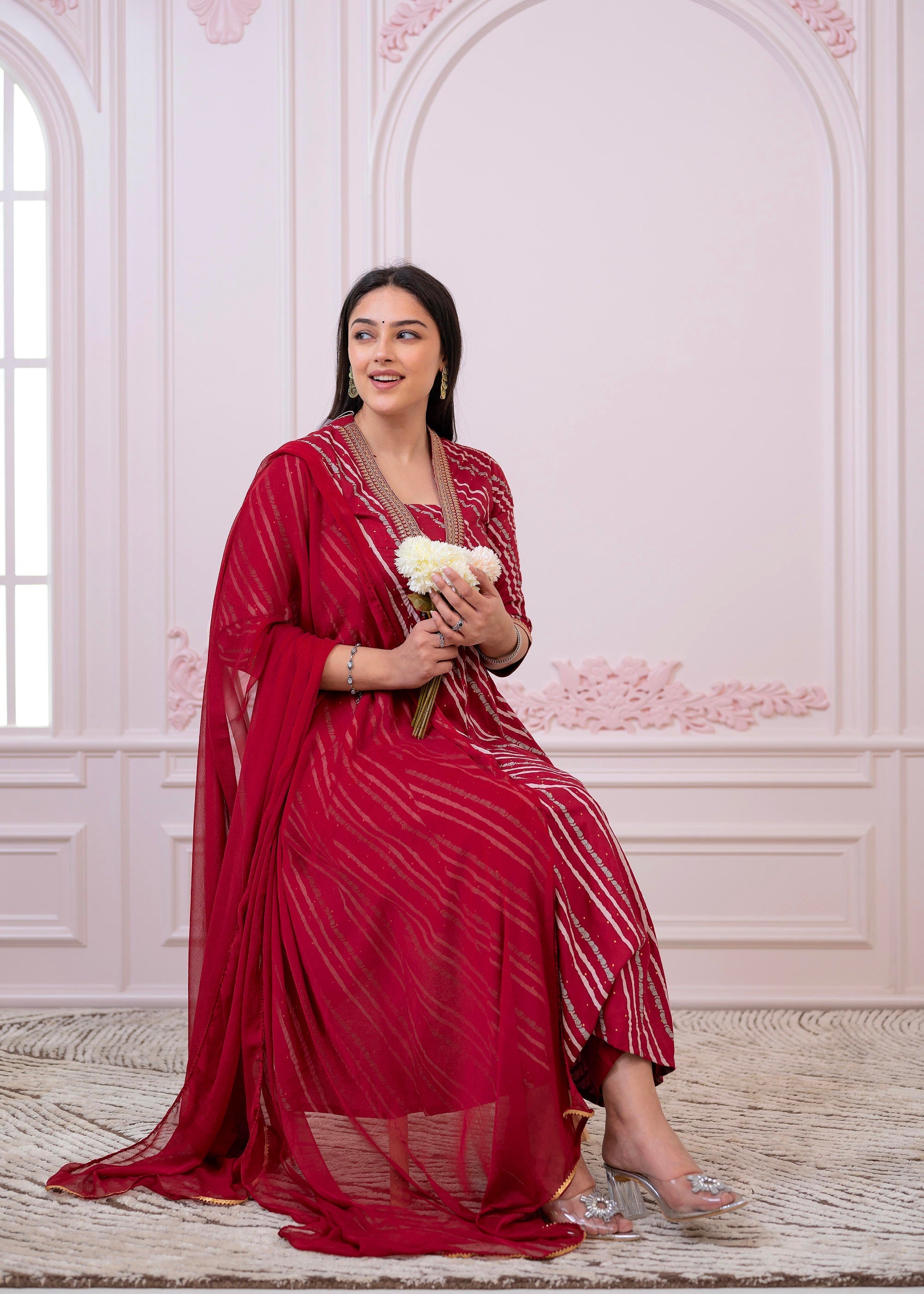 Juniper Maroon Angrakha-Style Kurta Set with Gota Work and Dupatta - Distacart