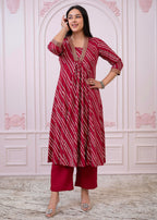 Juniper Maroon Angrakha-Style Kurta Set with Gota Work and Dupatta - Distacart