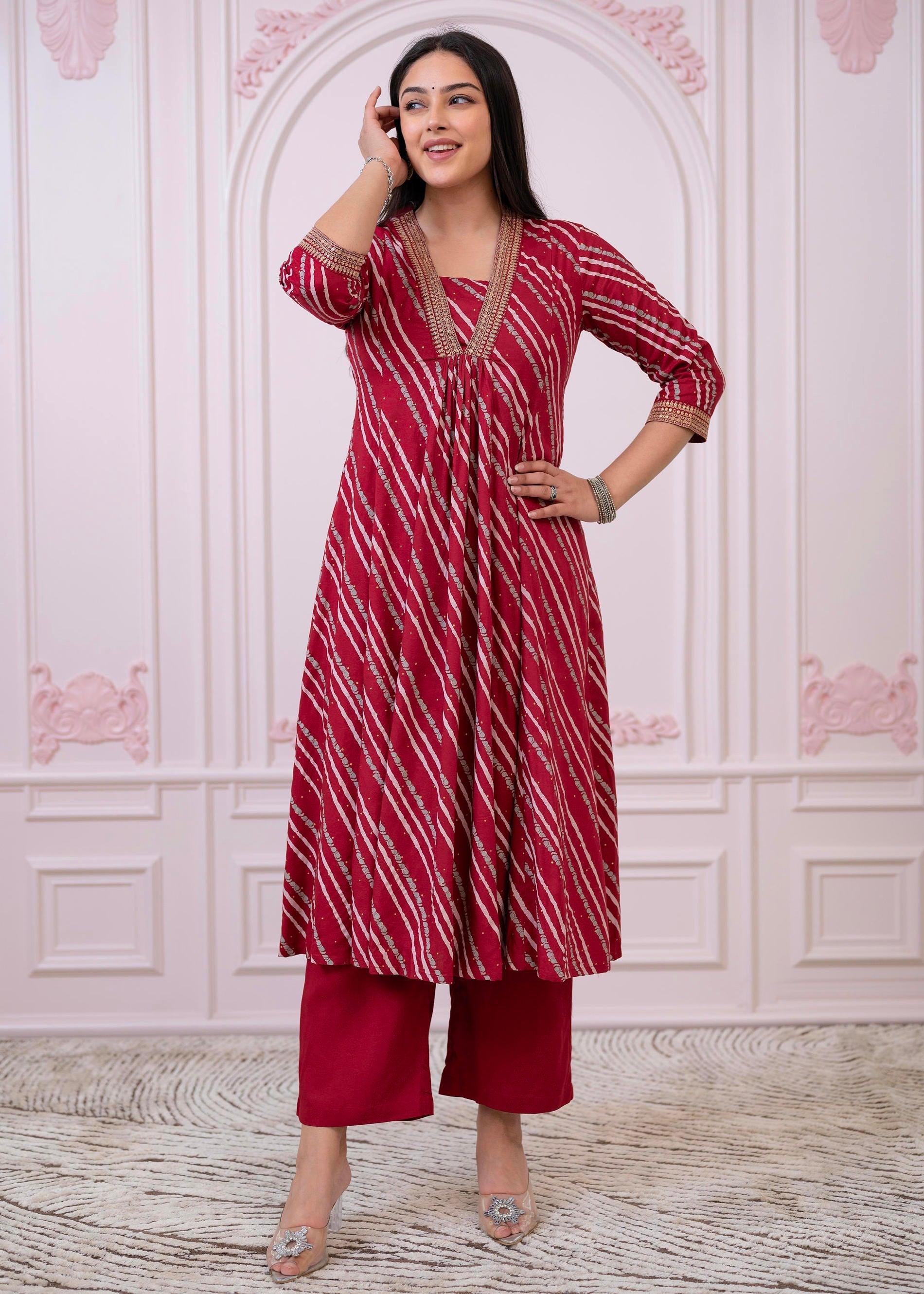 Juniper Maroon Angrakha-Style Kurta Set with Gota Work and Dupatta - Distacart