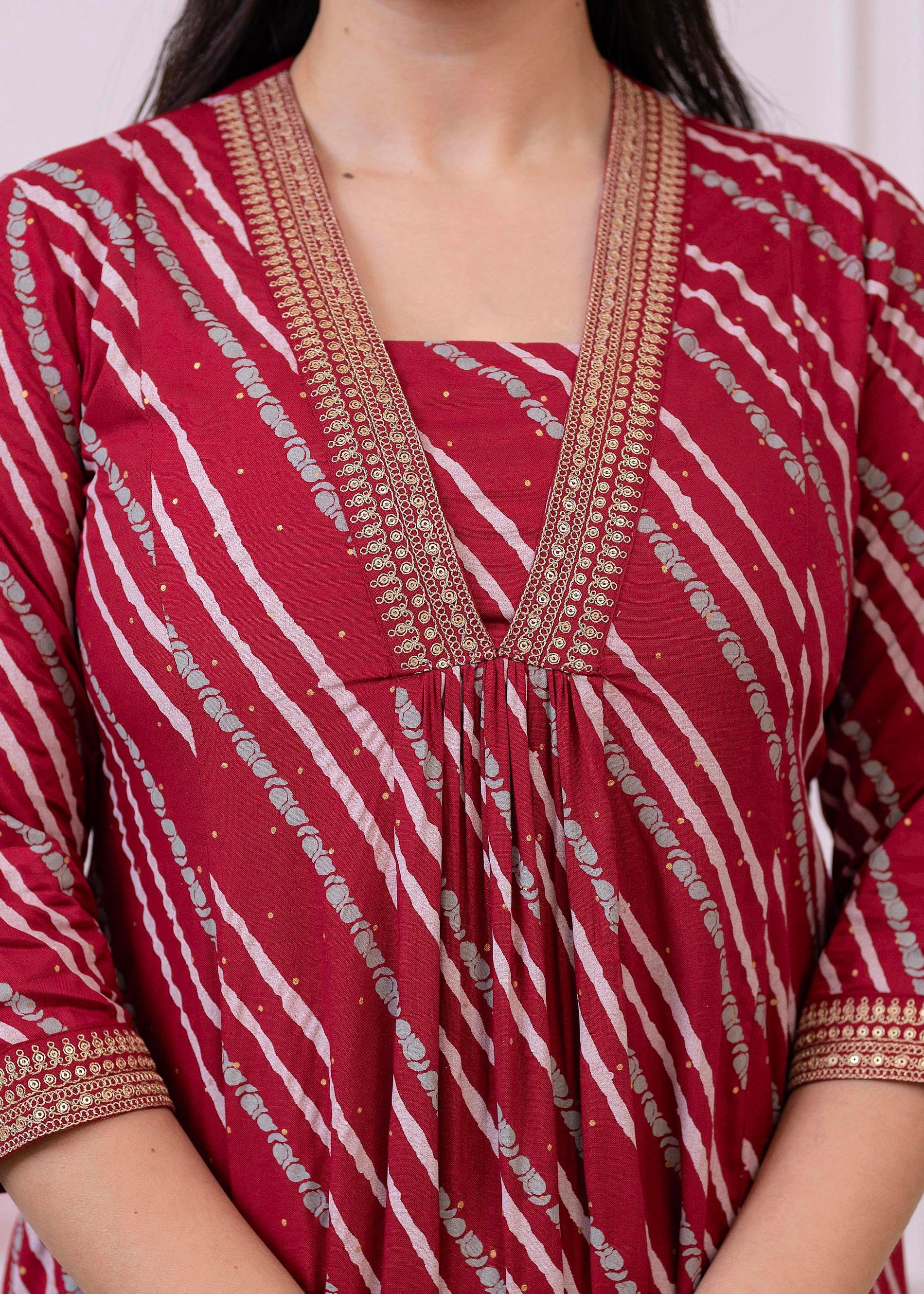 Juniper Maroon Angrakha-Style Kurta Set with Gota Work and Dupatta - Distacart