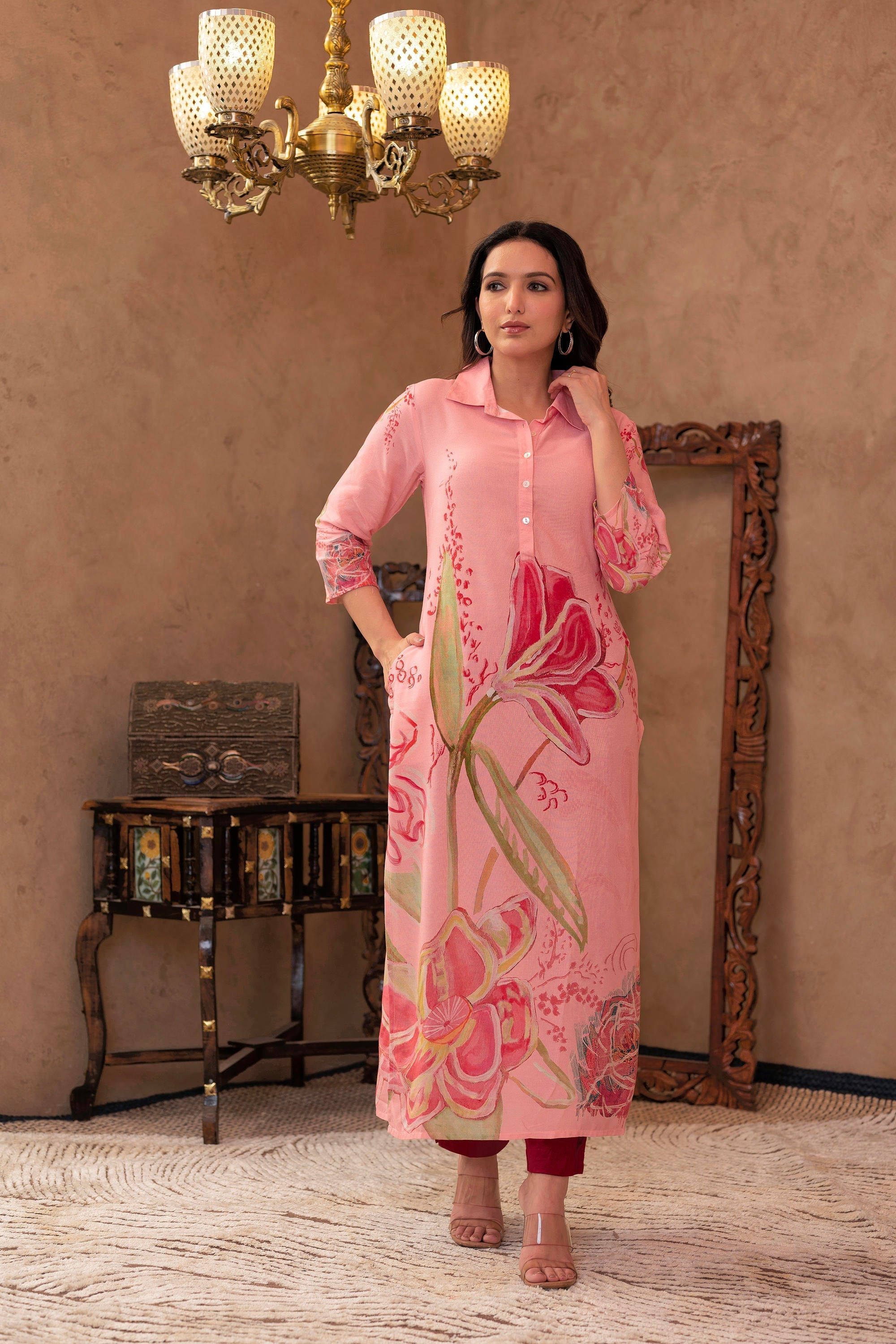 Juniper Pink Floral Printed Viscose Kurta With Button Detailing - Distacart