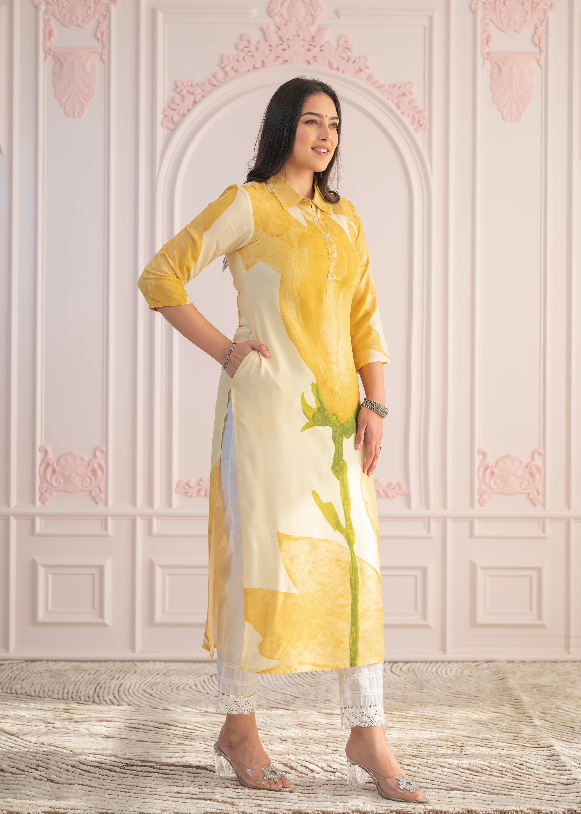 Juniper Yellow Floral Printed Viscose Kurta With Button Details - Distacart