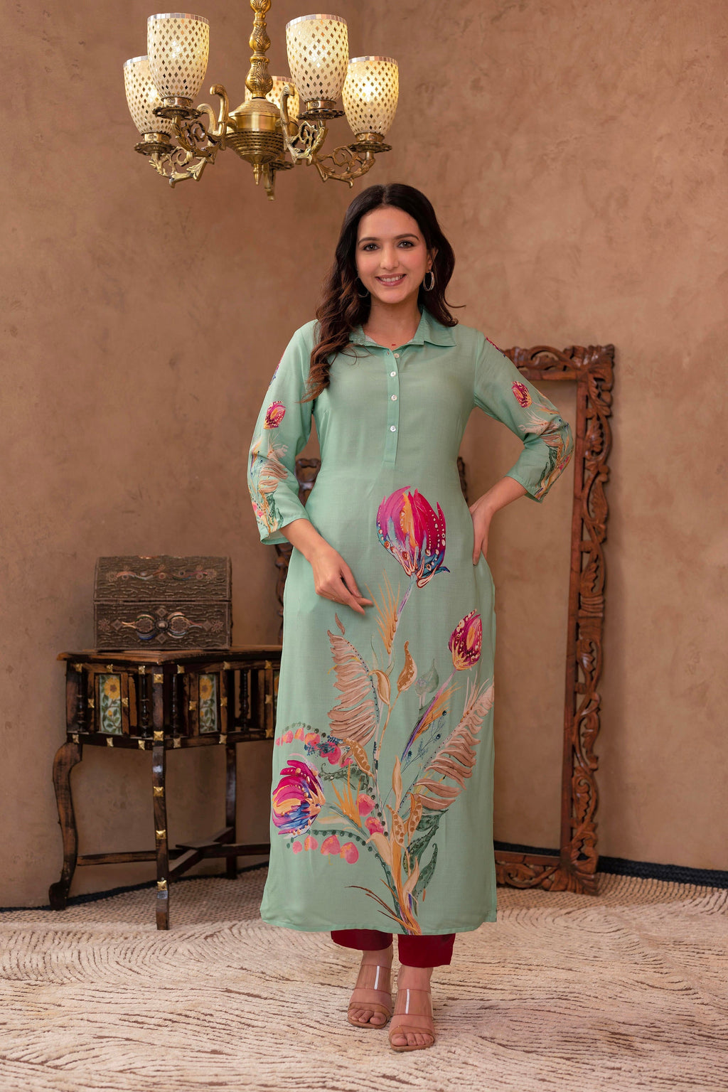 Juniper Mint Floral Printed Viscose Kurta With Shell Buttons - Distacart