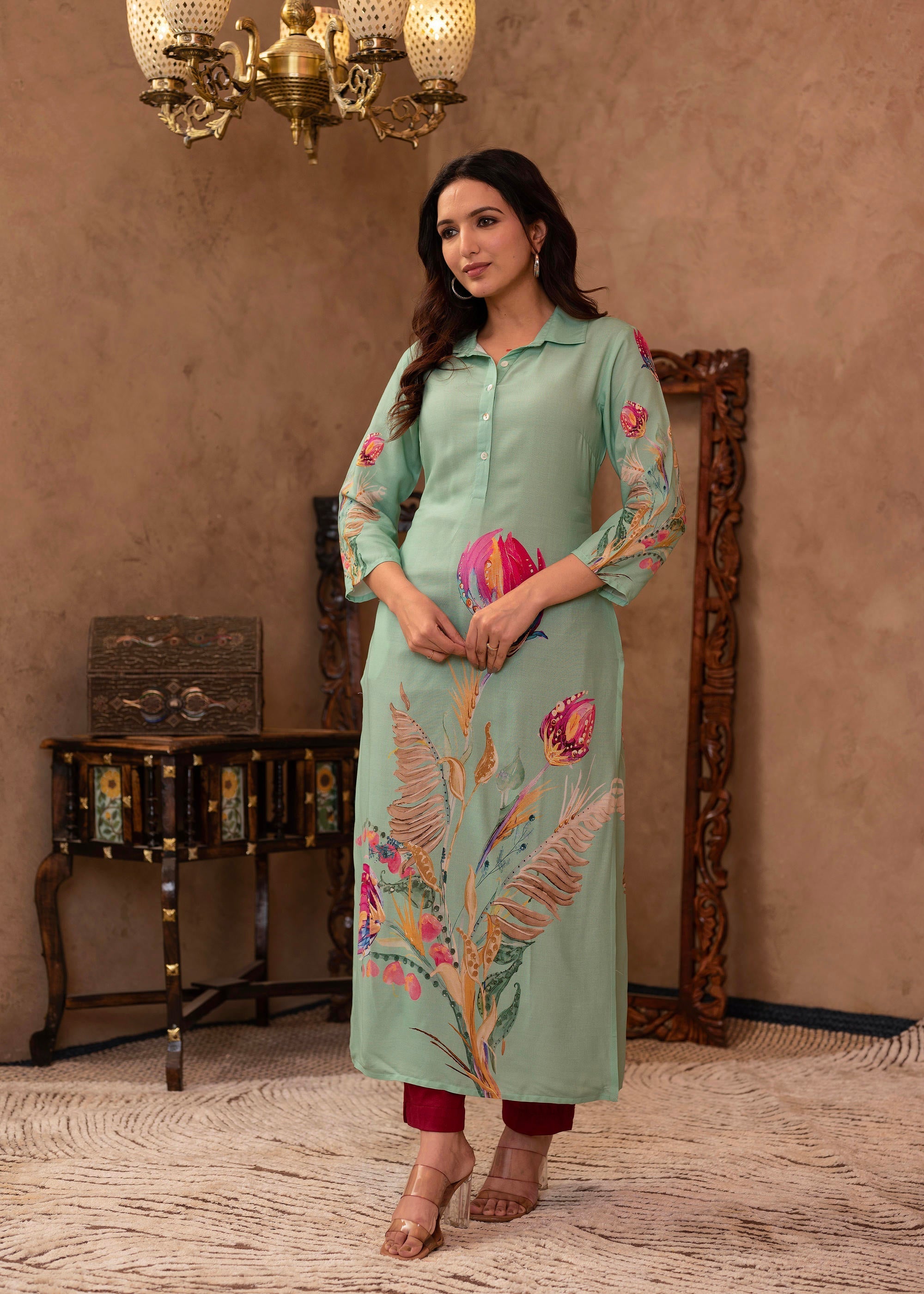 Juniper Mint Floral Printed Viscose Kurta With Shell Buttons - Distacart