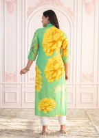 Juniper Green & Yellow Printed Viscose Kurta with Button Details