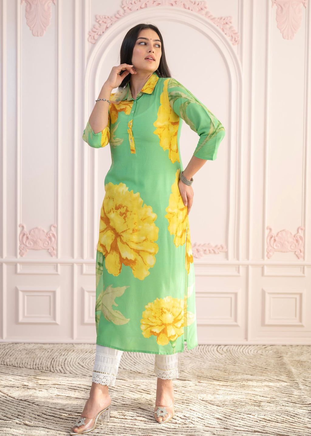 Juniper Green & Yellow Printed Viscose Kurta with Button Details