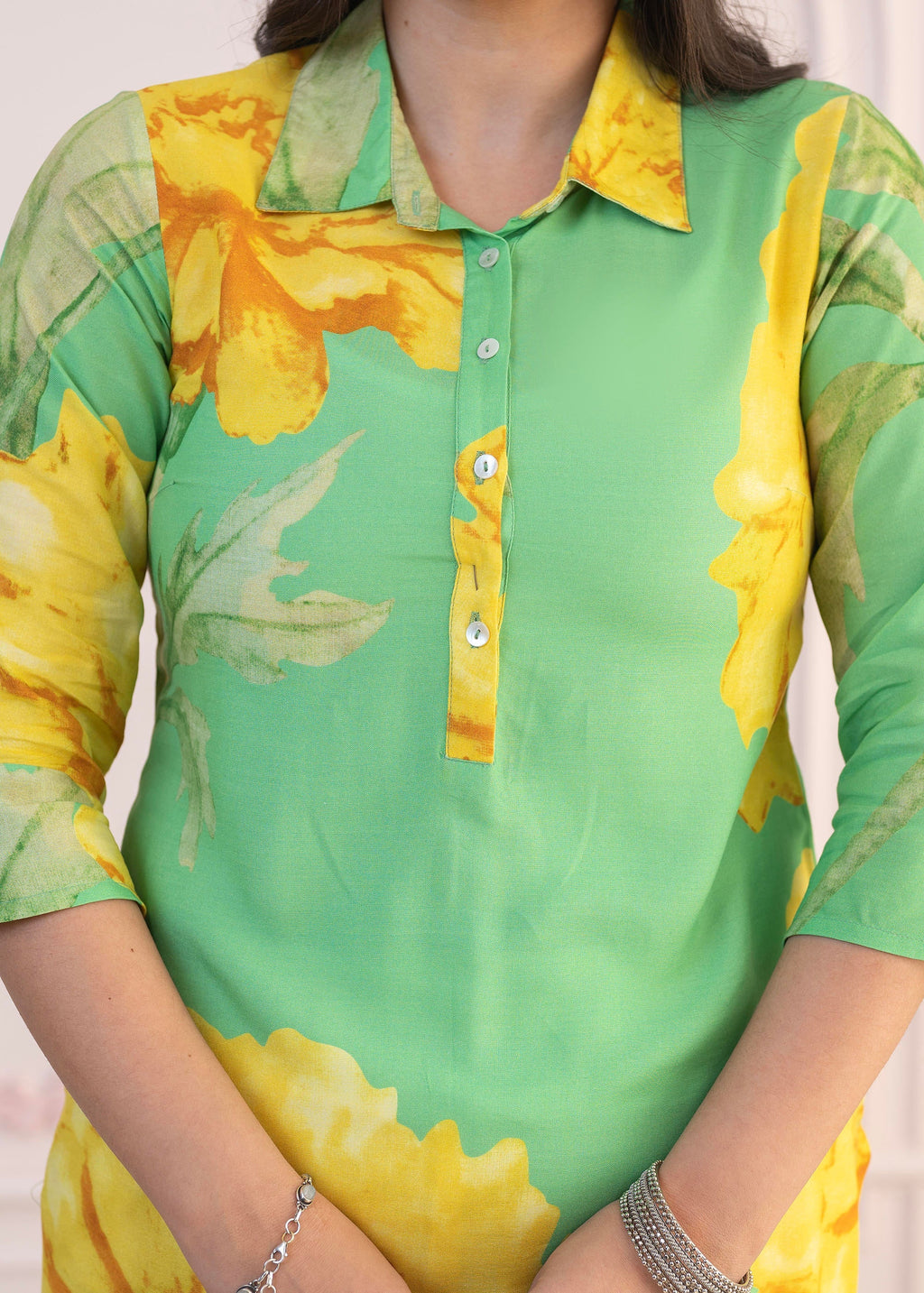 Juniper Green & Yellow Printed Viscose Kurta with Button Details