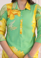 Juniper Green & Yellow Printed Viscose Kurta with Button Details